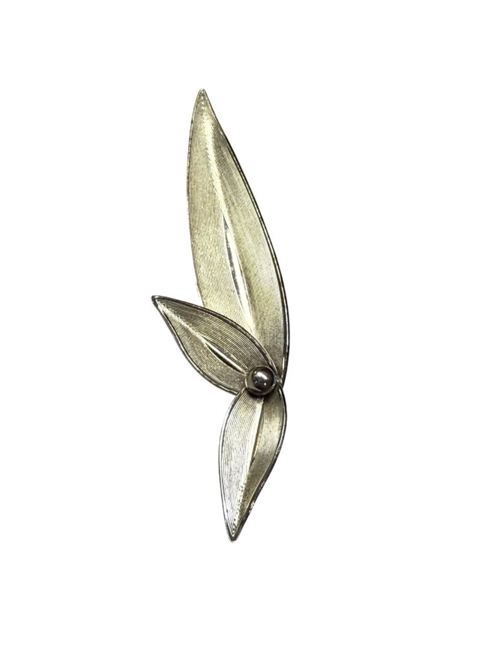 Vintage Silver-Tone Leaf Pin Brooch Textured Detailing Round Center Ball